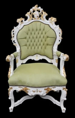 Casa Padrino Barock Luxus Thron Sessel Grün Weiss Gold - Handgefertigter Königssessel aus Massivholz - 141 x 80 x 78 cm