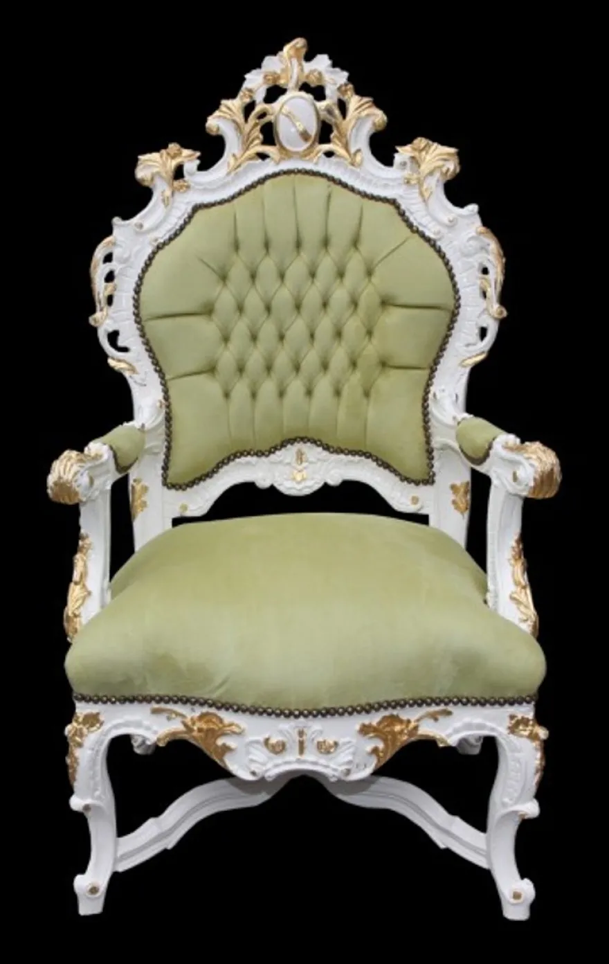 Casa Padrino Barock Luxus Thron Sessel Grün Weiss Gold - Handgefertigter Königssessel aus Massivholz - 141 x 80 x 78 cm