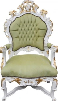 Casa Padrino Barock Luxus Thron Sessel Grün Weiss Gold - Handgefertigter Königssessel aus Massivholz - 141 x 80 x 78 cm