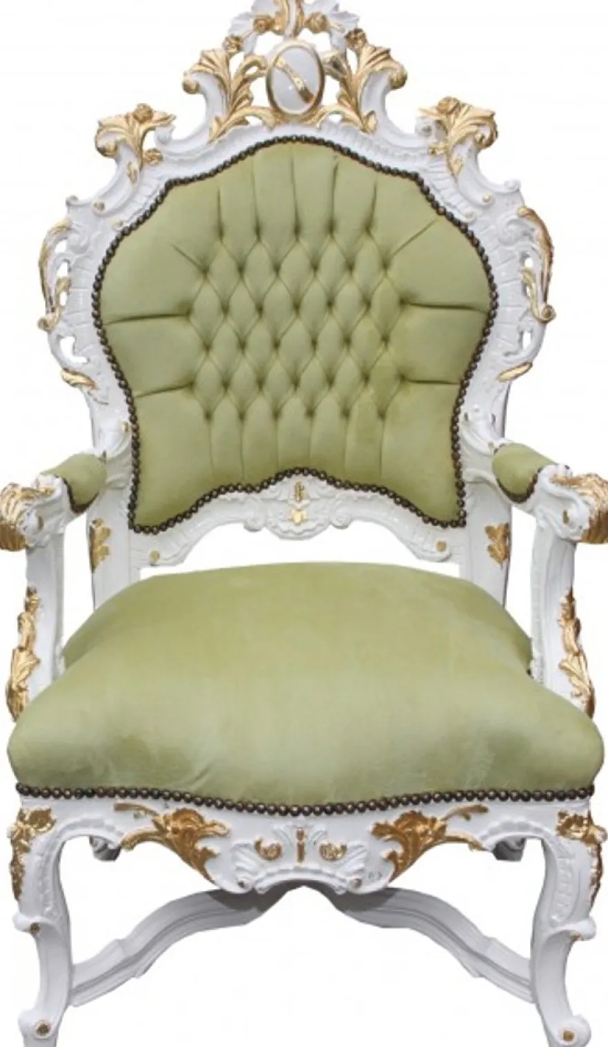 Casa Padrino Barock Luxus Thron Sessel Grün Weiss Gold - Handgefertigter Königssessel aus Massivholz - 141 x 80 x 78 cm