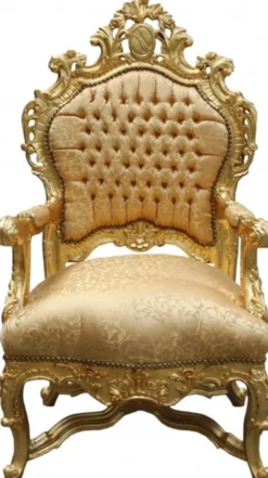 Casa Padrino Barock Luxus Thron Sessel Gold Muster/Gold - Prunkvoller Königssessel mit Glitzersteinen - 141 x 80 x 78 cm