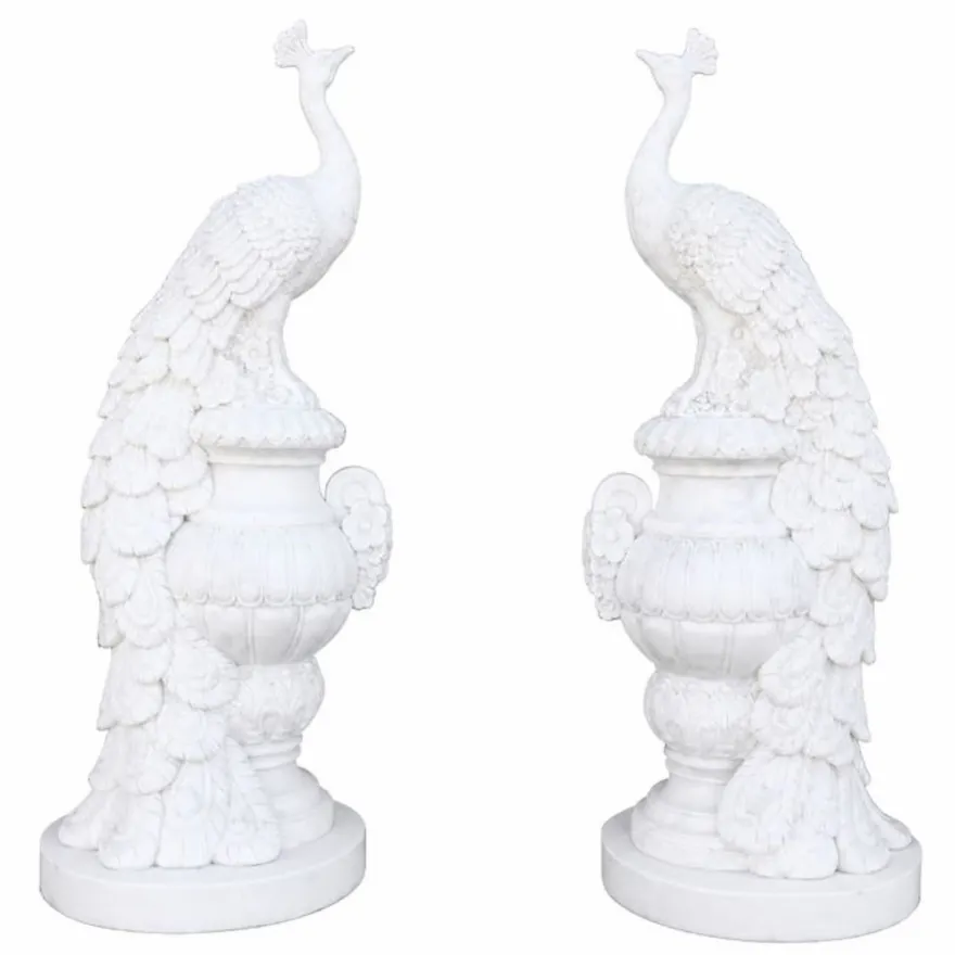Casa Padrino Barock Marmor Skulpturen Set 2 Pfauen Weiß H. 180 cm - Prunkvolle Barockstil Marmor Figuren - Garten & Terrassen Deko