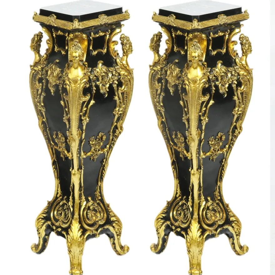 Casa Padrino Barock Marmor Säulen Set Gold / Schwarz 25 x 25 x H.70 cm - Luxuriöse Dekosäulen im 2er Set