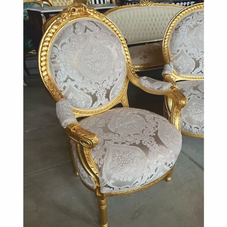 Casa Padrino Barock Medaillon Salon Stuhl Grau / Gold H. 100 cm - Barock Möbel