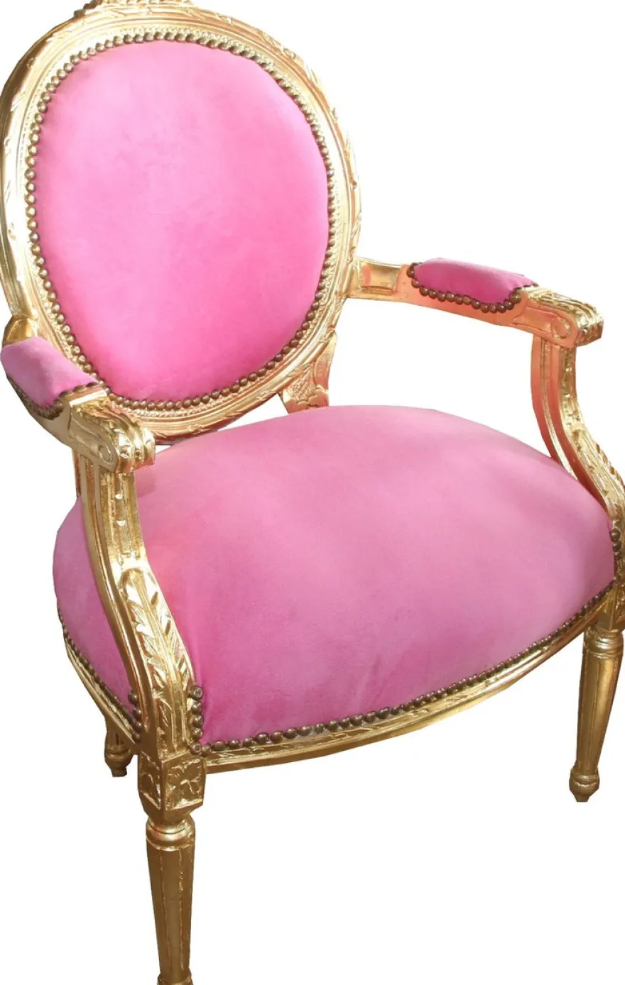 Casa Padrino Barock Medaillon Salon Stuhl Rosa / Gold - Möbel Antik Stil
