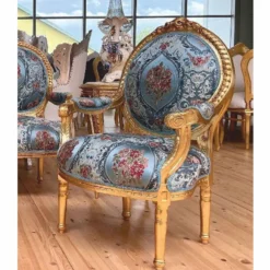 Casa Padrino Barock Medaillon Salon Stuhl Hellblau / Bunt / Gold H. 100 cm - Barock Möbel