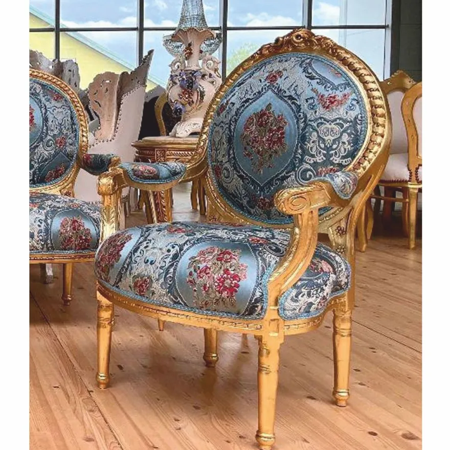 Casa Padrino Barock Medaillon Salon Stuhl Hellblau / Bunt / Gold H. 100 cm - Barock Möbel