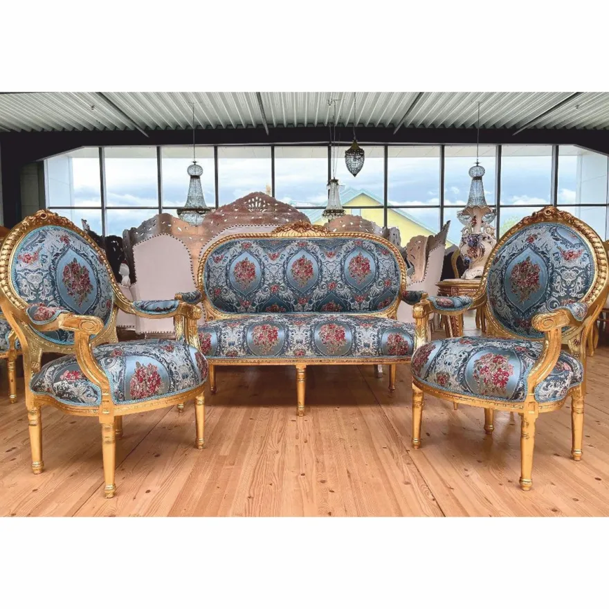 Casa Padrino Barock Medaillon Salon Stuhl Hellblau / Bunt / Gold H. 100 cm - Barock Möbel