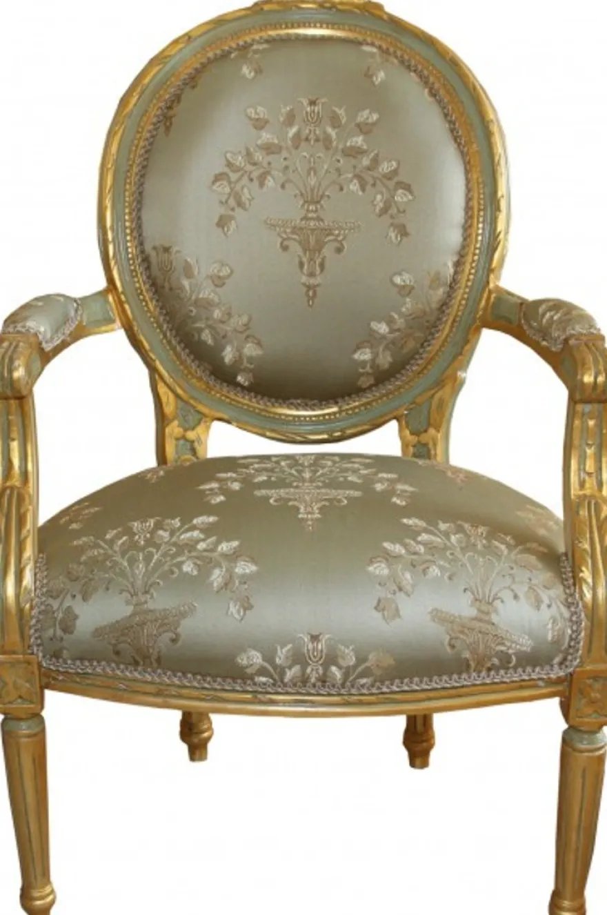 Casa Padrino Barock Medaillon Salon Stuhl Grün Muster / Gold Modell Versailles - Möbel Antik Stil