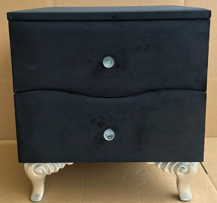 Casa Padrino Barock Nachtkommode mit 2 Schubladen Schwarz / Silber - Barockstil Nachttisch - Barock Möbel - Schlafzimmer Möbel im Barockstil - Edel & Prunkvoll