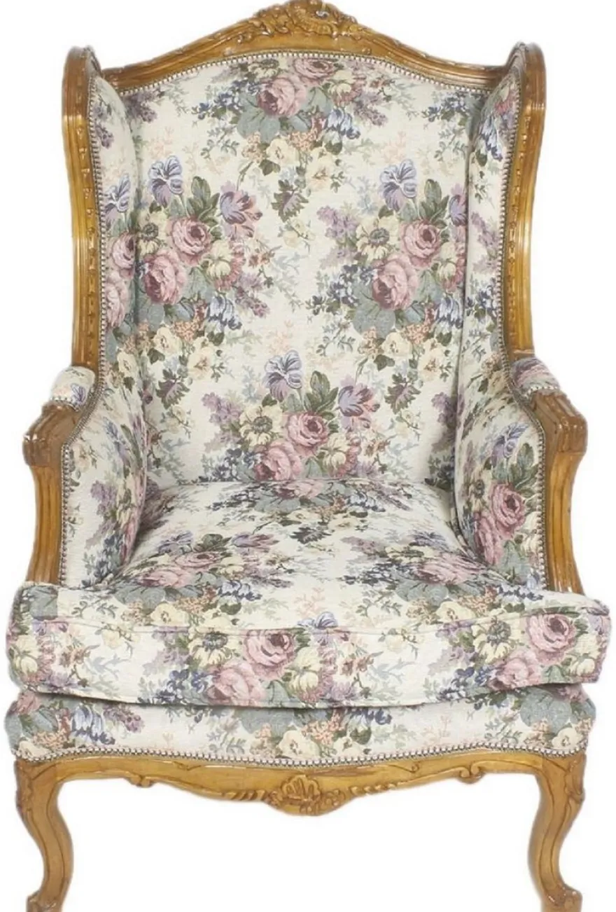Casa Padrino Barock Ohrensessel Mehrfarbig / Braun / Gold 83 x 83 x H. 110 cm - Wohnzimmer Sessel mit Blumenmuster