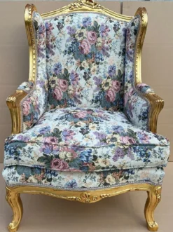 Casa Padrino Barock Ohrensessel Mehrfarbig / Gold - Handgefertigter Antik Stil Wohnzimmer Sessel mit Blumenmuster - Antik Stil Möbel - Barock Wohnzimmer Möbel