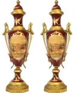 Casa Padrino Barock Porzellan Pokal Set Bordeaux Rot / Gold B20 H58 cm (2 Stück) - Grand Decor - Hotel Dekoration