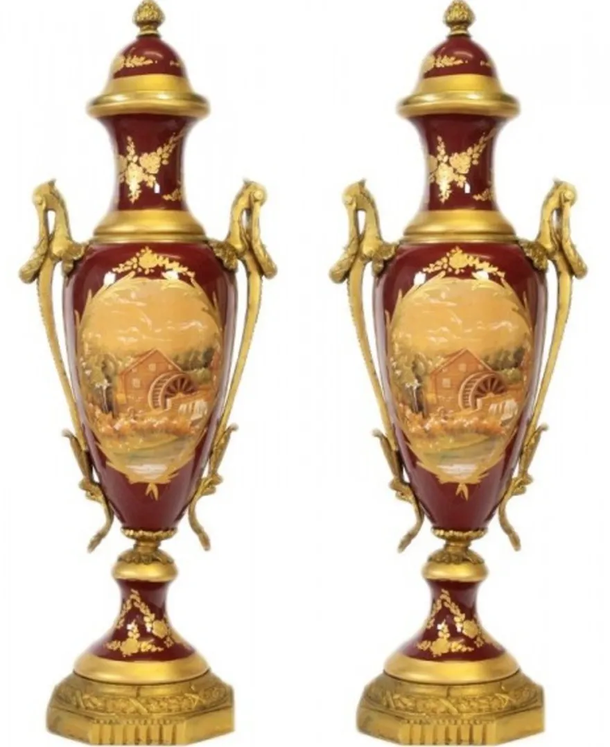 Casa Padrino Barock Porzellan Pokal Set Bordeaux Rot / Gold B20 H58 cm (2 Stück) - Grand Decor - Hotel Dekoration