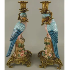 Casa Padrino Barock Porzellan Kerzenhalter Set Vögel Blau / Bunt / Messing H. 37 cm
