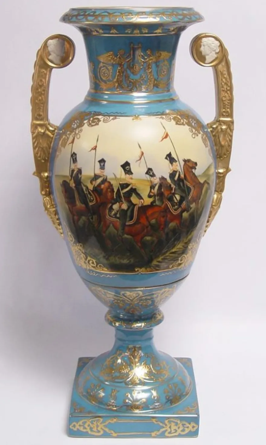 Casa Padrino Barock Porzellan Vase mit 2 Griffen in Hellblau und Gold, Höhe 55 cm - Luxuriöses Dekorationsstück