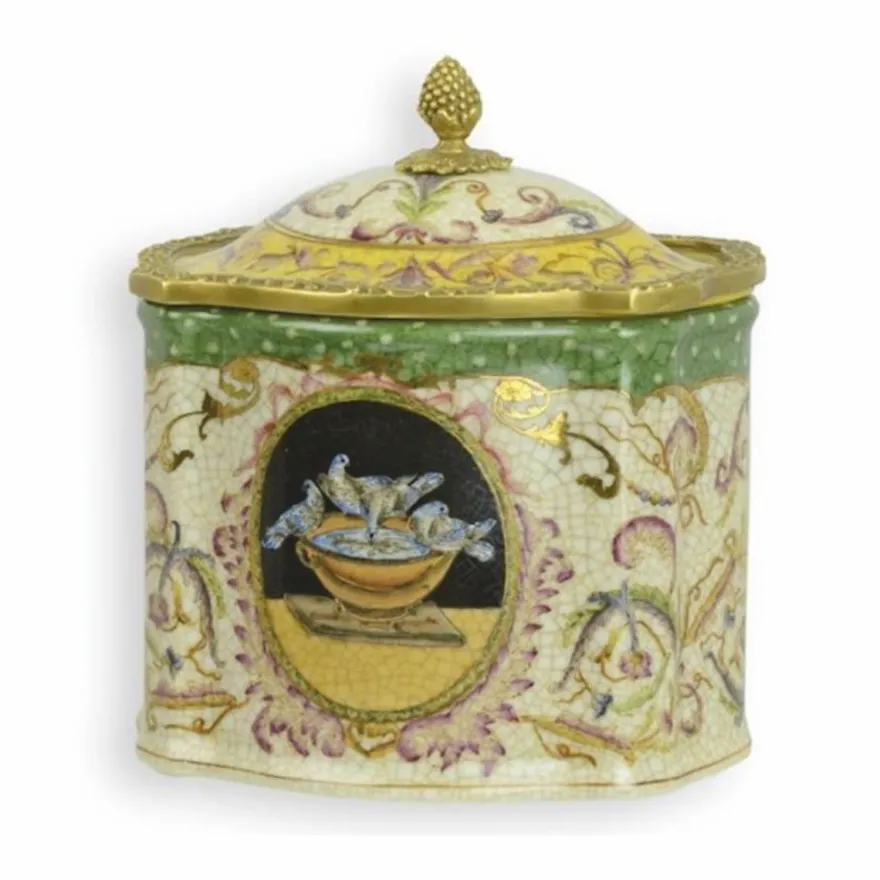 Casa Padrino Barock Porzellan Teedose Bunt / Messing H. 18 cm - Deko Accessoires