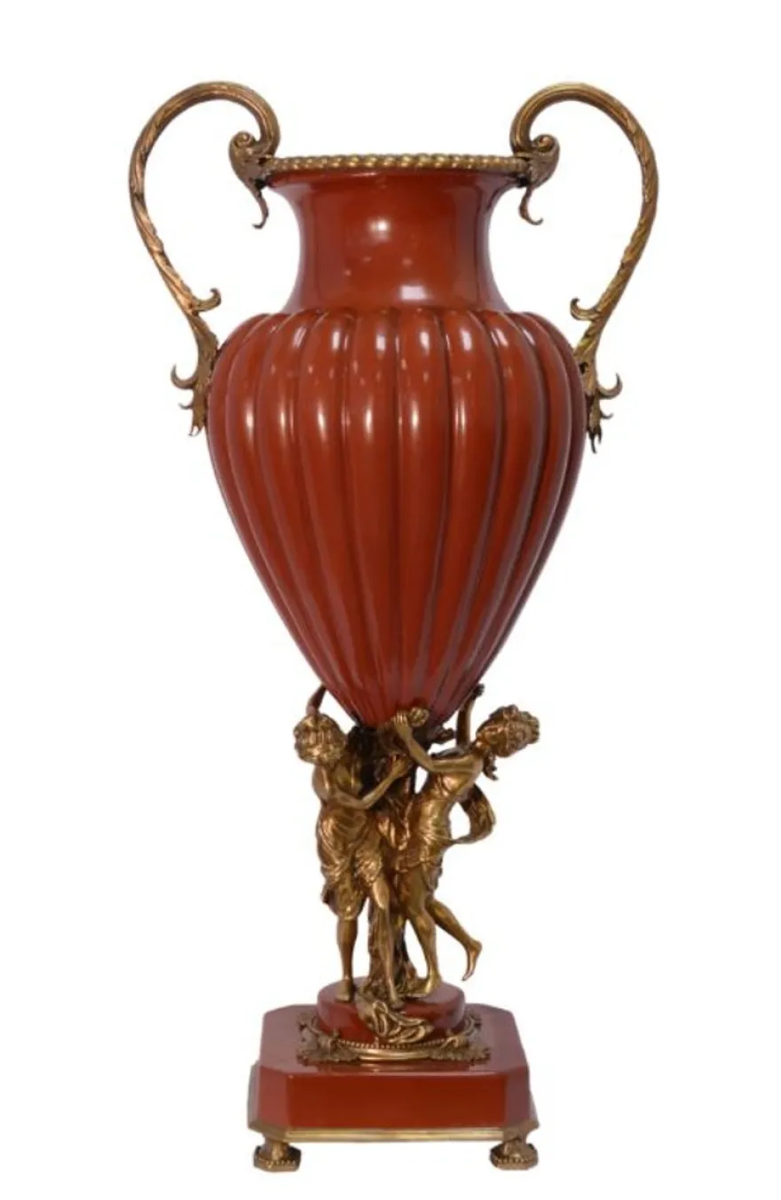 Casa Padrino Barock Porzellan Vase mit 2 Griffen - Luxus Kollektion, Rot / Bronze, 39 x 28,3 x 78,7 cm