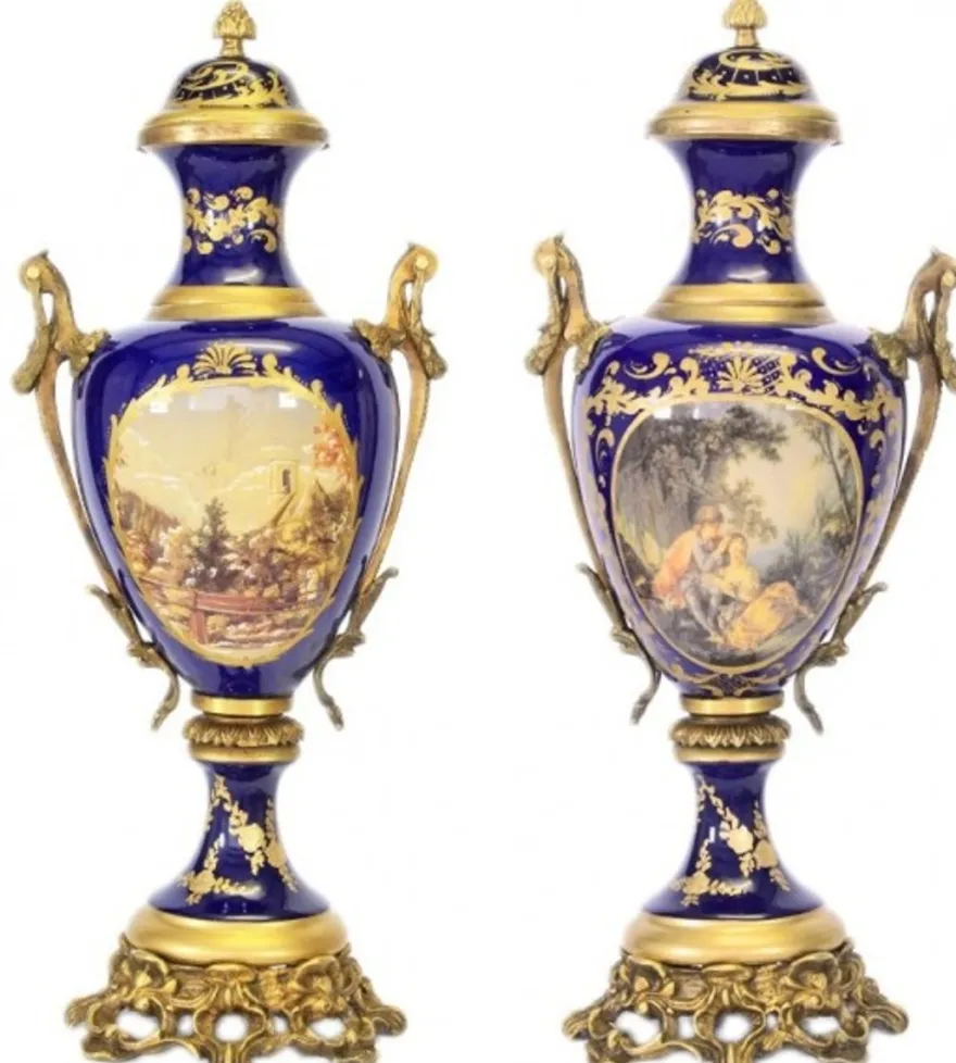 Casa Padrino Barock Porzellan Pokal Set Hellblau / Gold B 26 x H 63 cm - 2 Stück - Luxuriöse Hotel Dekoration