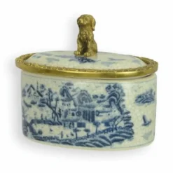 Casa Padrino Barock Porzellan Zuckerdose mit Deckel Creme / Blau / Messing H. 12 cm