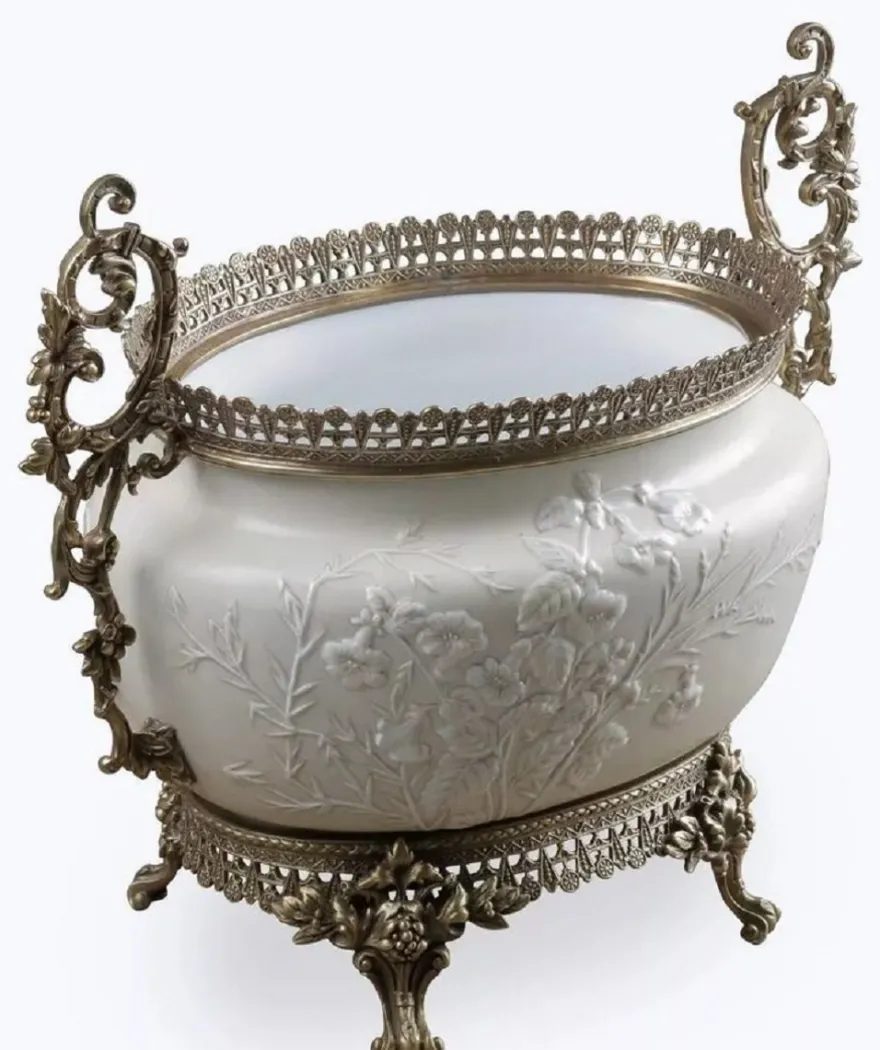 Casa Padrino Barock Porzellan Schüssel Grau / Weiß / Bronze H. 34 cm - Barock Deko Accessoires