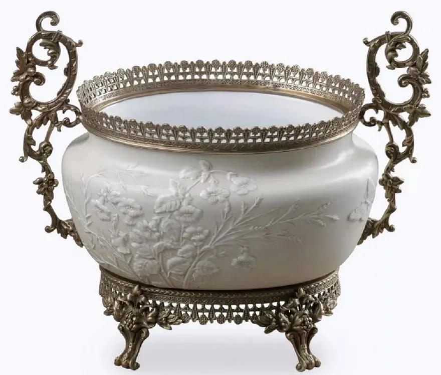 Casa Padrino Barock Porzellan Schüssel Grau / Weiß / Bronze H. 34 cm - Barock Deko Accessoires