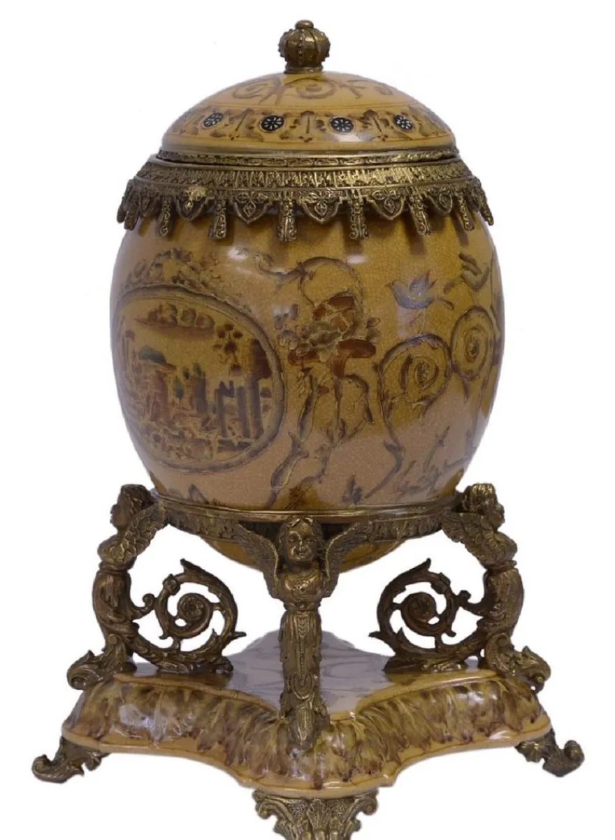 Casa Padrino Barock Porzellan Ei mit Deckel Mehrfarbig / Antik Messingfarben 20,5 x 15,4 x H. 28,3 cm - Prunkvolle Barock Deko Aufbewahrungsbox