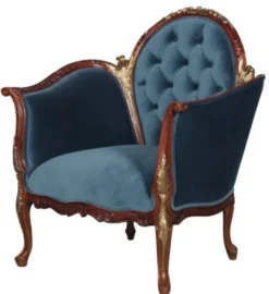 Casa Padrino Barock Salon Samt Sessel Blau / Braun / Messingfarben 86,5 x 71 x H. 94 cm - Barockmöbel