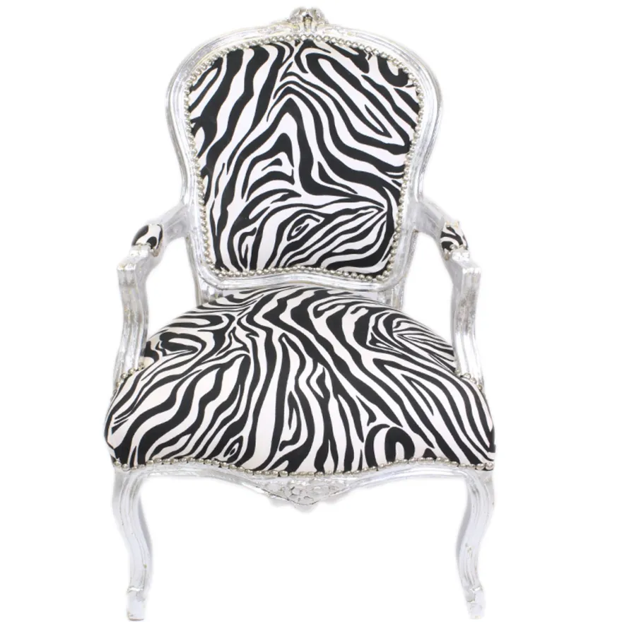 Casa Padrino Barock Salon Stuhl Zebra / Silber mit Armlehnen - Barockmöbel