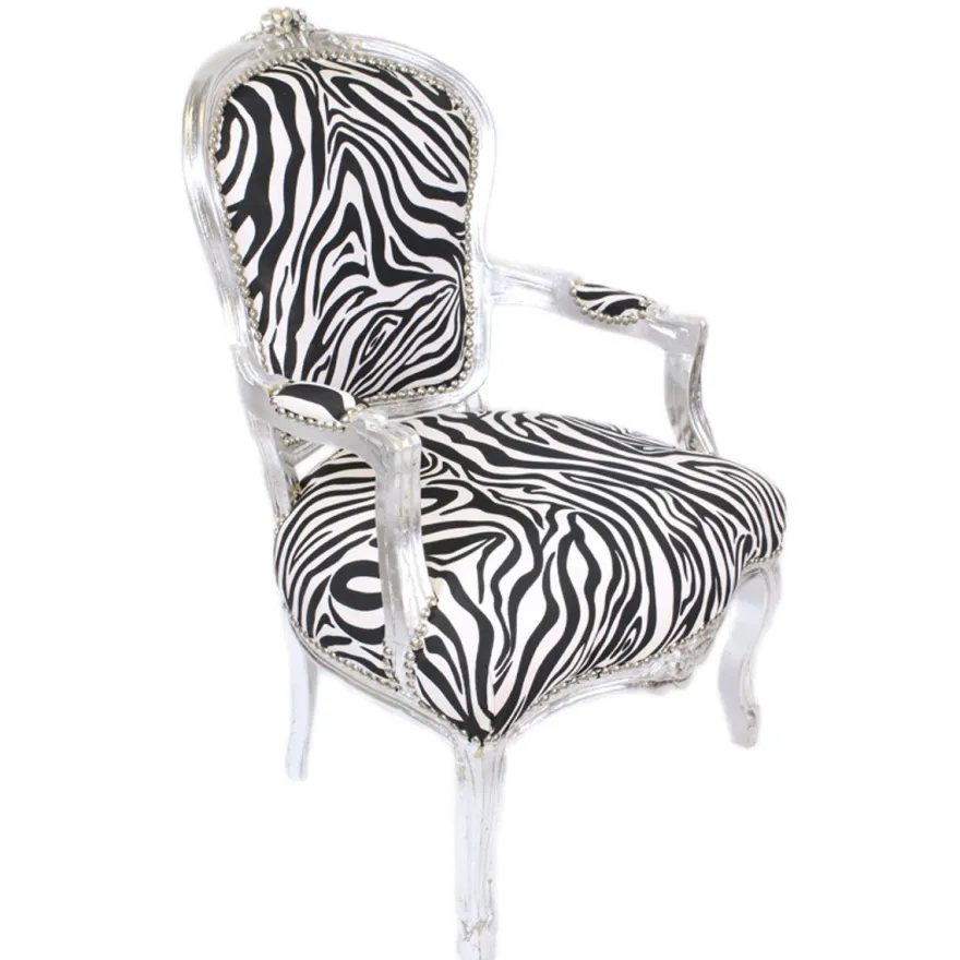Casa Padrino Barock Salon Stuhl Zebra / Silber mit Armlehnen - Barockmöbel