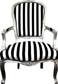 Casa Padrino Barock Salon Stuhl Schwarz / Weiß Streifen / Silber - Möbel gestreift