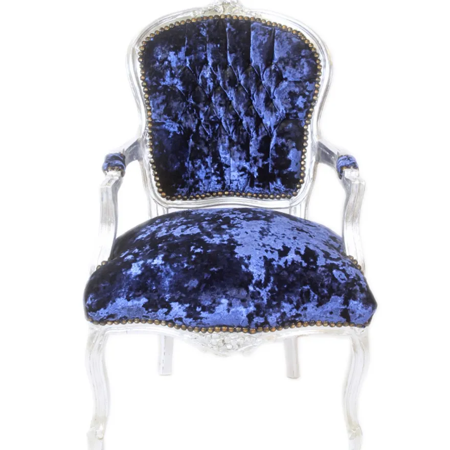 Casa Padrino Barock Salon Stuhl Royalblau Velour Stoff / Silber - Antik Design Möbel