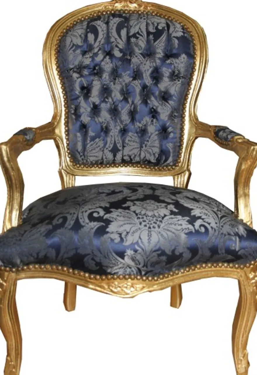 Casa Padrino Barock Salon Stuhl Royal Blau Muster und Gold, 93 x 60 x 50 cm - Luxus Hotel Lounge Möbel