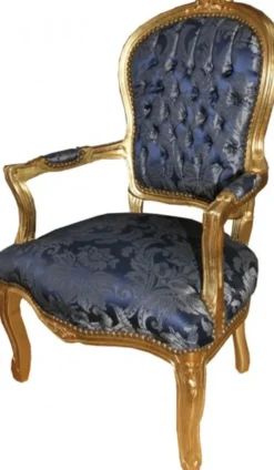Casa Padrino Barock Salon Stuhl Royal Blau Muster und Gold, 93 x 60 x 50 cm - Luxus Hotel Lounge Möbel