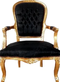 Casa Padrino Barock Salon Stuhl Schwarz Muster / Gold 60 x 50 x H. 93 cm - Handgefertigter Antik Stil Stuhl mit edlem Satinstoff - Möbel im Barockstil