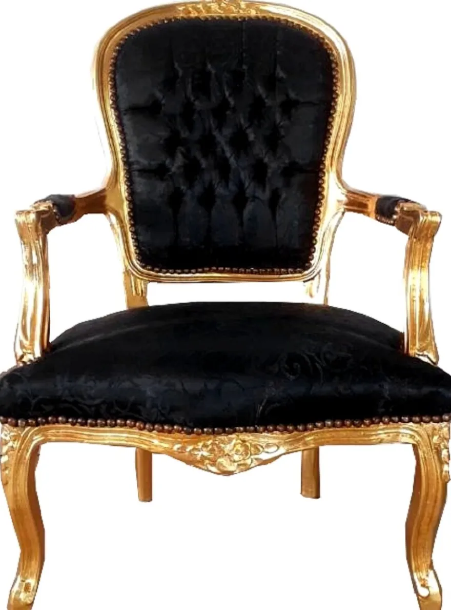 Casa Padrino Barock Salon Stuhl Schwarz Muster / Gold 60 x 50 x H. 93 cm - Handgefertigter Antik Stil Stuhl mit edlem Satinstoff - Möbel im Barockstil