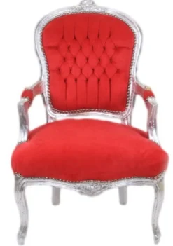 Casa Padrino Barock Salon Stuhl Rot / Silber - Antik Design Möbel