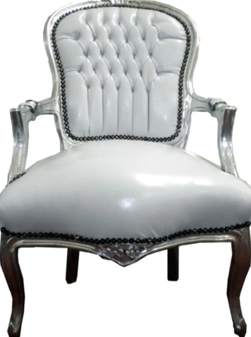 Casa Padrino Barock Salon Stuhl Weiß / Silber Lederoptik - Möbel Antik Stil