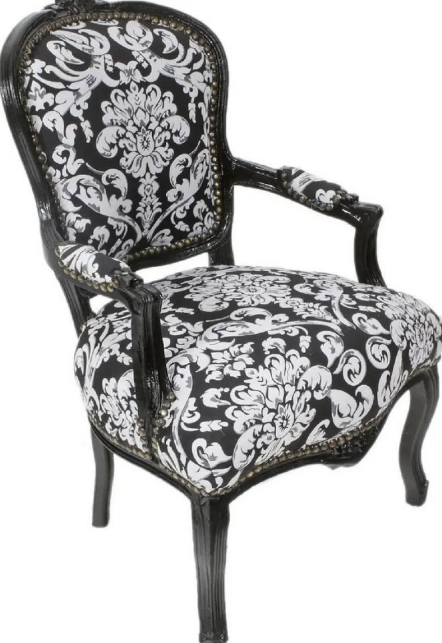 Casa Padrino Barock Salon Stuhl mit Armlehnen und elegantem Muster Schwarz / Weiß 60 x 60 x H. 95 cm - Handgefertigter Antik Stil Stuhl - Möbel im Barockstil