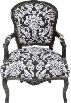 Casa Padrino Barock Salon Stuhl mit Armlehnen und elegantem Muster Schwarz / Weiß 60 x 60 x H. 95 cm - Handgefertigter Antik Stil Stuhl - Möbel im Barockstil