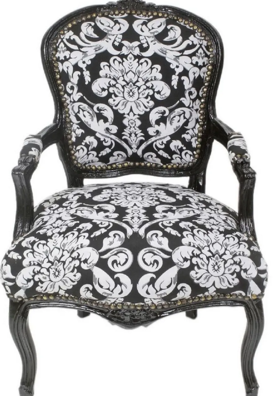 Casa Padrino Barock Salon Stuhl mit Armlehnen und elegantem Muster Schwarz / Weiß 60 x 60 x H. 95 cm - Handgefertigter Antik Stil Stuhl - Möbel im Barockstil