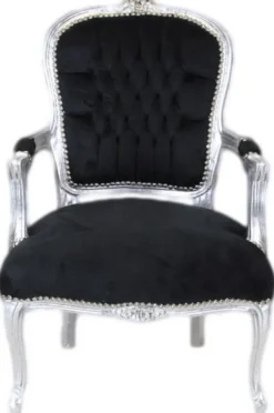 Casa Padrino Barock Salon Stuhl Schwarz / Silber - Handgefertigter Antik Stil Stuhl mit edlem Samtstoff - Möbel im Barockstil - Barock Möbel - Barock Einrichtung