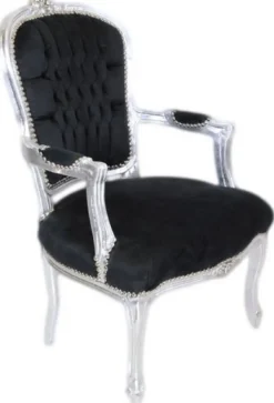 Casa Padrino Barock Salon Stuhl Schwarz / Silber - Handgefertigter Antik Stil Stuhl mit edlem Samtstoff - Möbel im Barockstil - Barock Möbel - Barock Einrichtung