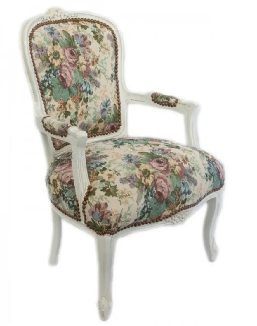 Casa Padrino Barock Salon Stuhl Blumen Muster/ Antik Weiß - Antik Design Möbel