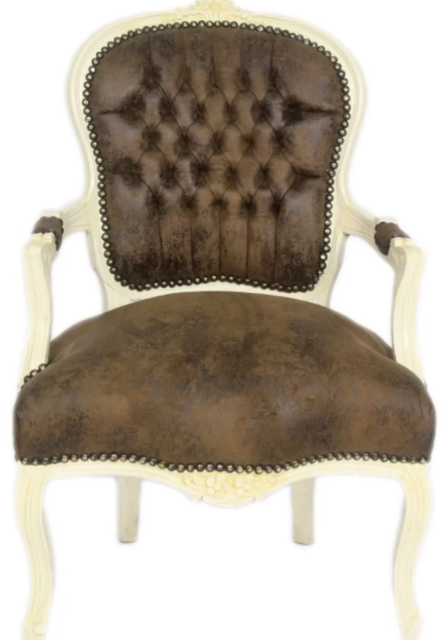 Casa Padrino Barock Salon Stuhl Set Braun / Creme 60 x 50 x H. 93 cm - 4 handgefertigte Salon Stühle mit Lederoptik - Barockmöbel