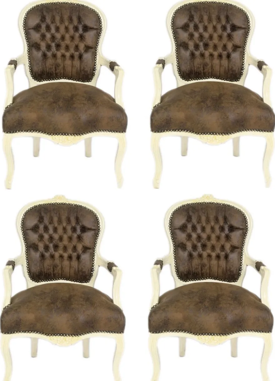 Casa Padrino Barock Salon Stuhl Set Braun / Creme 60 x 50 x H. 93 cm - 4 handgefertigte Salon Stühle mit Lederoptik - Barockmöbel