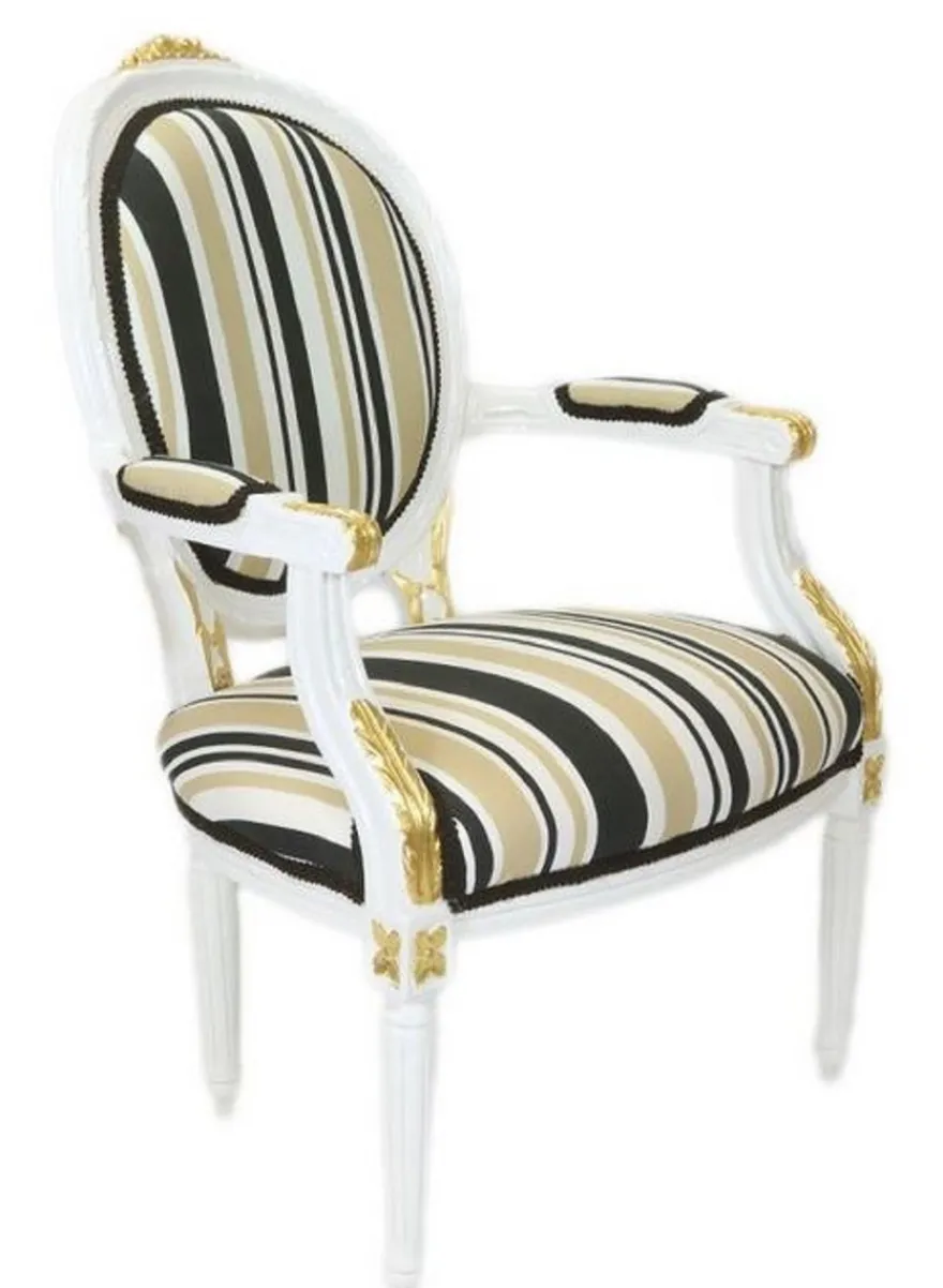 Casa Padrino Barock Salon Stuhl Weiß / Gold / Mehrfarbig 50 x 50 x H. 105 cm - Gestreifter Barock Stuhl mit Armlehnen - Barock Möbel