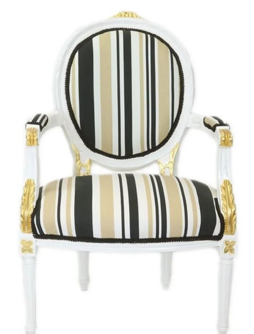 Casa Padrino Barock Salon Stuhl Weiß / Gold / Mehrfarbig 50 x 50 x H. 105 cm - Gestreifter Barock Stuhl mit Armlehnen - Barock Möbel