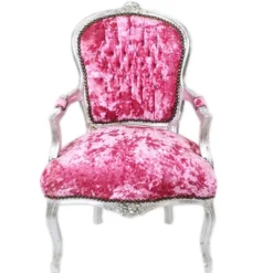 Casa Padrino Barock Salon Stuhl Pink Velour Stoff / Silber - Antik Design Möbel