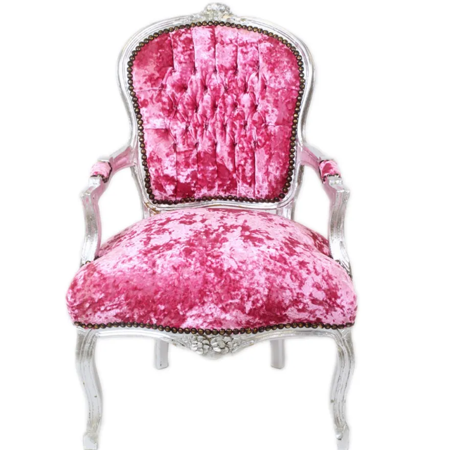 Casa Padrino Barock Salon Stuhl Pink Velour Stoff / Silber - Antik Design Möbel